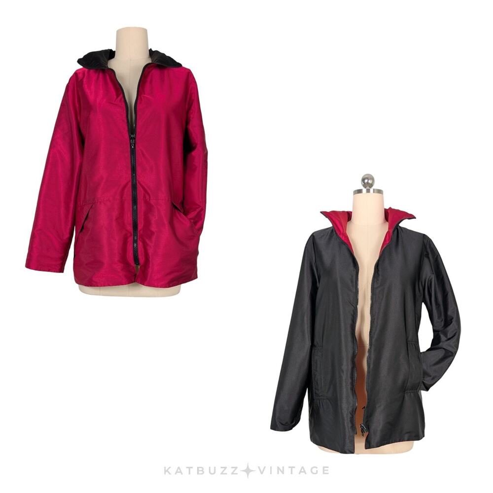 Mycra Pack Reversible Rain Jacket S M Red Black Satin Hood Coat Travel Artsy